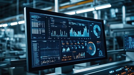 Poster - Close-up of a computer monitor displaying data and graphs in a factory setting