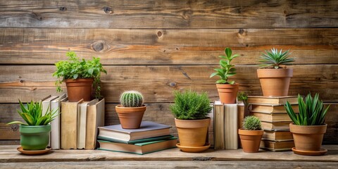 Aufkleber - Books and plant arranged neatly on a rustic wooden table, perfect for an education background , education, books