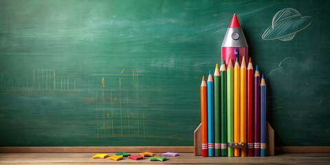 Poster - Back to school background with rocket made from pencils, school, education, rocket, back to school, pencils, supplies