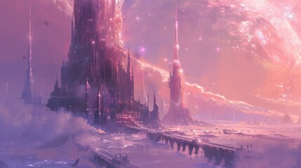 Poster - fantasy cityscape under a pink sky