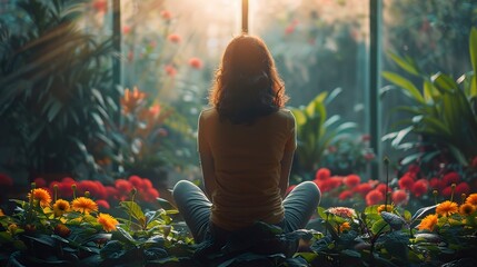 A woman sits in a greenhouse, surrounded by lush greenery and flowers, gazing out at the warm sunlight streaming through the window.