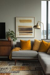 A mid century modern interior photo of a living room with white walls hanging with art frames and wood cabinets and sofas. Generative AI
