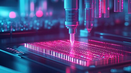 Poster - Futuristic Machine with a Pink and Blue Glow Processing Data on a Circuit Board