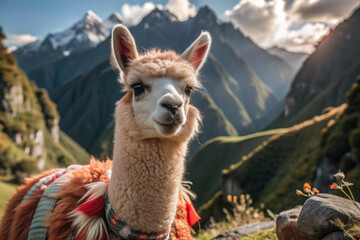 Close-up Portrait of a Llama with Mountains in the Background