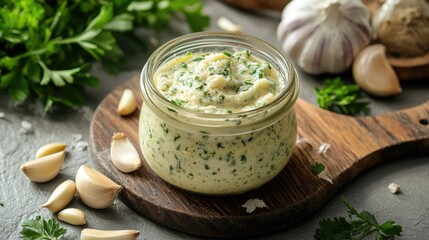 Rustic jar of garlic sauce surrounded by fresh ingredients like garlic bulbs and herbs, evoking homemade culinary traditions