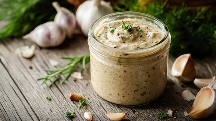 Rustic jar of garlic sauce surrounded by fresh ingredients like garlic bulbs and herbs, evoking homemade culinary traditions