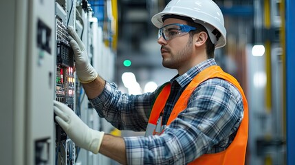 Poster - A man in a hardhat and safety vest works on a server rack.