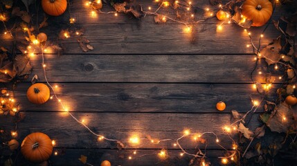 Wall Mural - A rustic wooden background decorated with small pumpkins, autumn leaves, and a string of fairy lights creating a warm and inviting atmosphere.