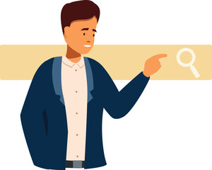 Poster - Young adult man pointing at a search bar and smiling, searching information online concept