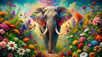 Poster - Abstract art collage featuring an elephant surrounded by vibrant flowers, elephant, flowers, abstract, art, collage
