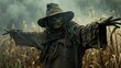 © Infinity - A creepy scarecrow with a sinister grin stands in a cornfield, arms outstretched, amidst a misty rain.