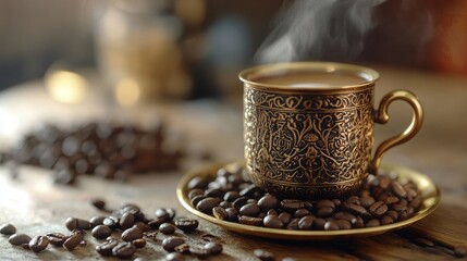 Steaming Turkish coffee in a decorative brass cup with scattered coffee beans, highlighting the depth of this classic brew