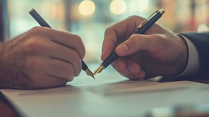 Poster - Two Hands Holding Fountain Pens Over a Blank Document