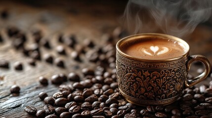 Steaming Turkish coffee in a decorative brass cup with scattered coffee beans, highlighting the depth of this classic brew