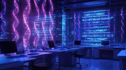 Poster - A futuristic office interior with a digital DNA-like structure in the background.