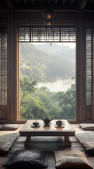 Poster - the asian style living room witht he amazing view of the forest and mountain , water cove bay 