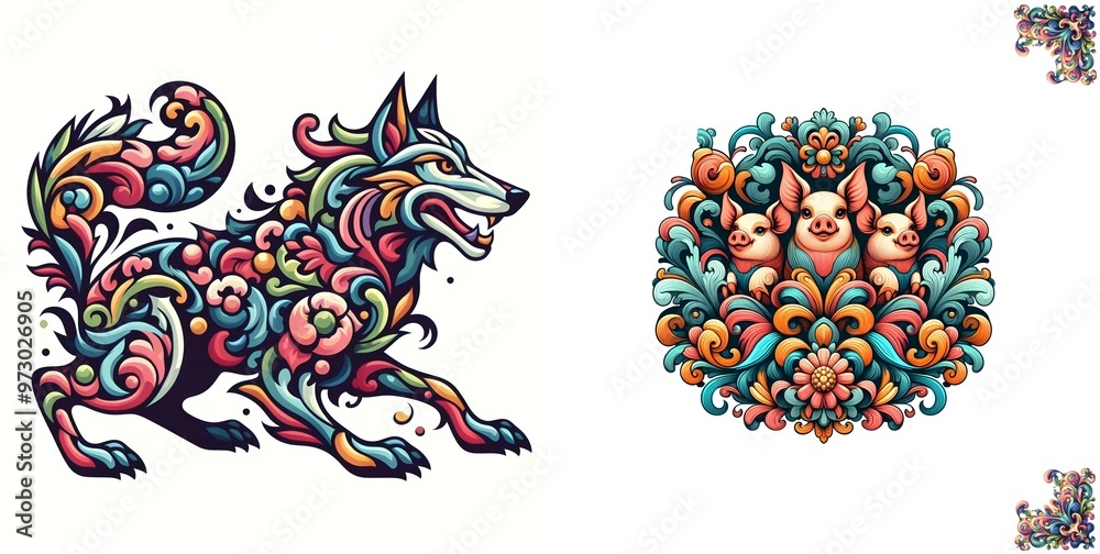 Colorful ornate rococo illustration of a big bad wolf logo with three ...