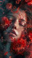 Wall Mural - A woman's face surrounded by red flowers, her eyes closed.