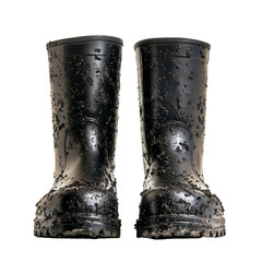 Muddy rubber boots post rainy field work isolated transparent