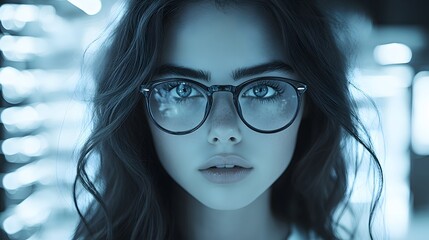 Young woman checking her eyesight and choosing glasses.