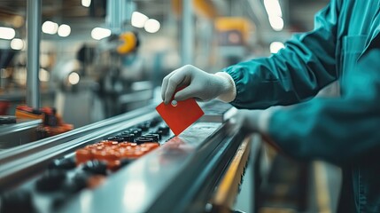 Poster - A worker in a factory inspects parts on a conveyor belt