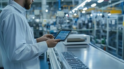 Poster - A Worker in a White Lab Coat Uses a Tablet to Monitor a Production Line in a Factory