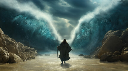 Moses parting the Red Sea, with towering walls of water 