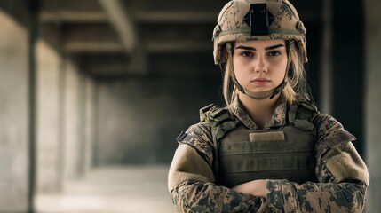 Wall Mural - Confident Female Soldier Standing with Crossed Arms in a Dilapidated Building, Military Uniform, Strength and Determination, Stock Photography