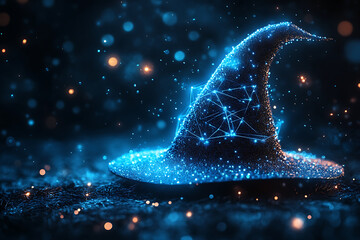  A mystical witch's hat floating in an abstract digital background, symbolizing magic, mystery, and enchantment.