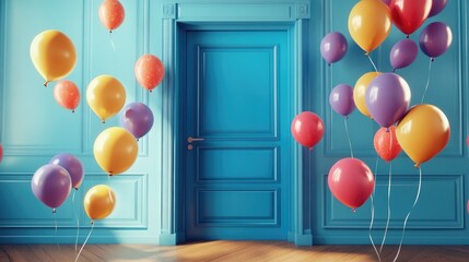 Wall Mural - Colorful balloons floating in a room with a closed blue door.