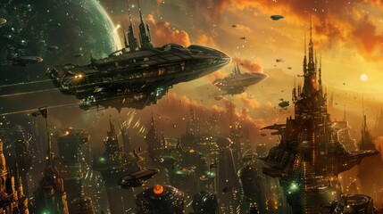 Canvas Print - Futuristic Cityscape with Spaceships