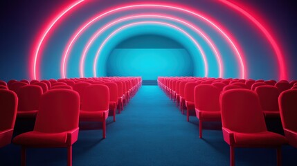 Wall Mural - A vintage photograph of a neon lit movie theater, showcasing the unique style of cinema in a bygone era.