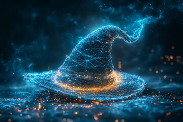  A mystical witch's hat floating in an abstract digital background, symbolizing magic, mystery, and enchantment.