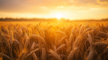 Poster - Golden wheat field swaying gently under the warm sunset sky during early evening hours in rural countryside