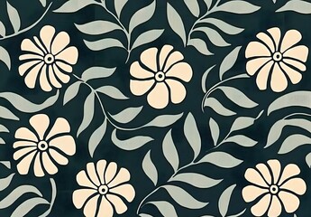 Seamless Pattern with White Flowers and Green Leaves