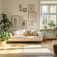  the white and neutral  living room with classic style sofa and wall decoration frames and arts , indoor plants.