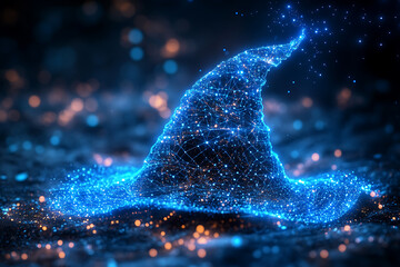 A mystical witch's hat floating in an abstract digital background, symbolizing magic, mystery, and enchantment.