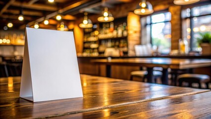 Aufkleber - Blank paper table card on wooden table over bar background perfect for displaying menus or drink specials at a restaurant or bar