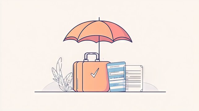 Simple, modern illustration of an umbrella hovering over a suitcase and plane ticket, symbolizing secure travel insurance in a minimalist style