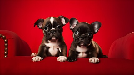 Wall Mural - French bulldog puppies on red background.