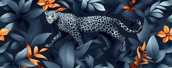 Leopard in Tropical Jungle with Blue and Orange Leaves