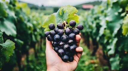 Wall Mural - Close-up of farmer's hand holding a bunch of ripe grapes
