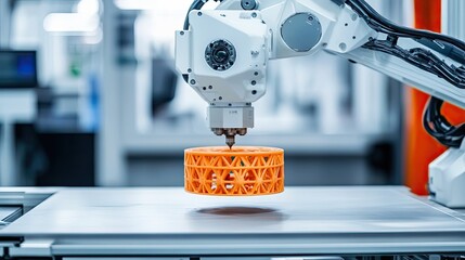 Poster - A 3D Printer Creating an Orange Geometric Shape