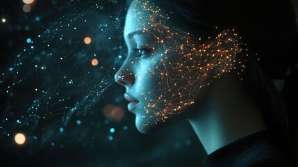 Wall Mural - A woman's face is illuminated with glowing lines and dots, representing digital technology, connectivity, and the future.