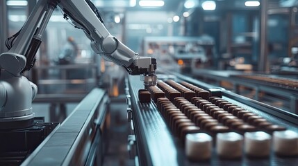 Poster - Robotic Arm Placing Chocolate Candies on Conveyor Belt in Factory