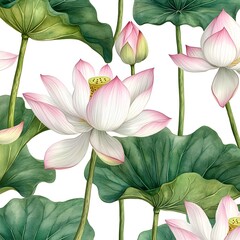 Sticker - Watercolor Lotus Flowers and Leaves Seamless Pattern