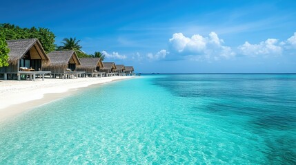 A tropical beach with overwater bungalows, calm turquoise waters, and a clear blue sky, evoking a sense of luxury and relaxation.