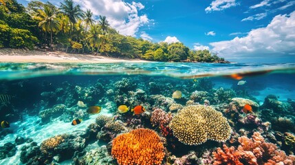 A vibrant coral reef seen through clear water near a tropical beach, with colorful fish swimming amongst the coral.