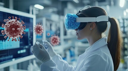 Poster - A Woman in a Lab Coat Uses a Virtual Reality Headset to Examine a Model of a Virus