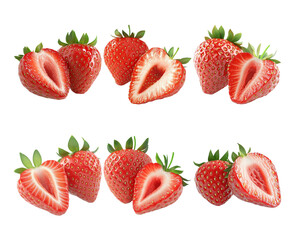 Fresh whole and sliced strawberries on transparent background